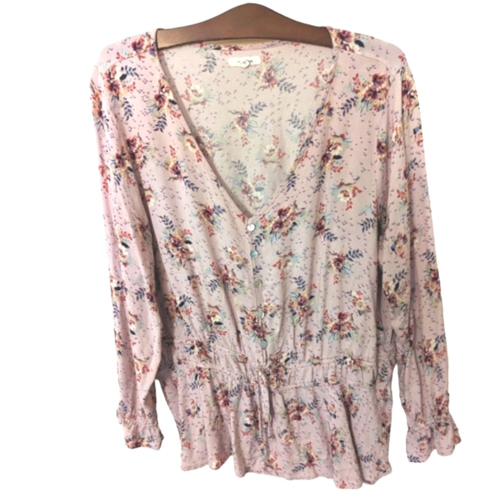 Peplum Pink Floral Blouse Maurice's Size 0 3/4 Elastic Sleeve Button Front
